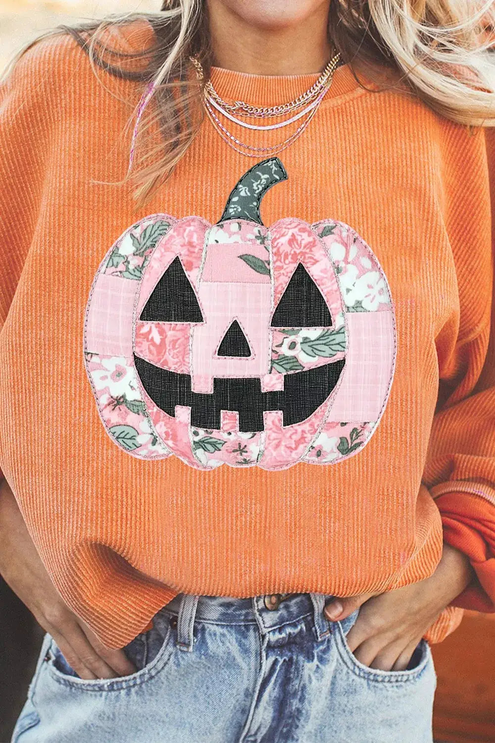 Patchwork pumpkin graphic corded ribbed round-neck tunic sweatshirt in orange
