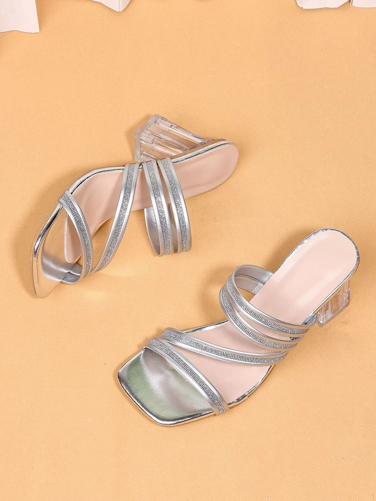 Open Toe Block Heel Sandals, Trendsi silver metallic with rhinestone straps and clear block heel