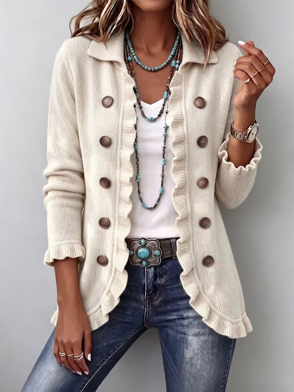 Long beige knit cardigan for women with ruffle trim and double-breasted large brown buttons