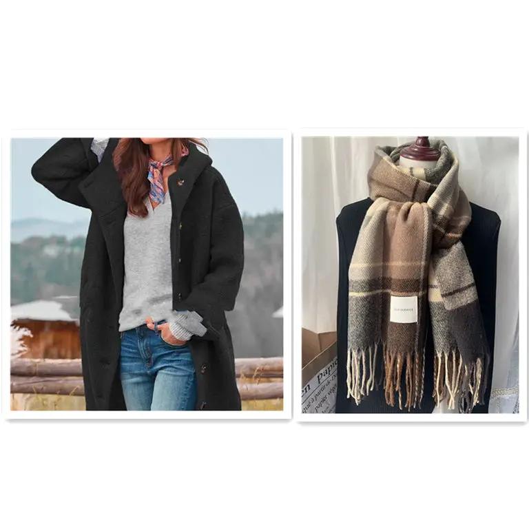 Womens heavy tweed winter coat in black; beige plaid scarf displayed on a mannequin beside it (2 items)