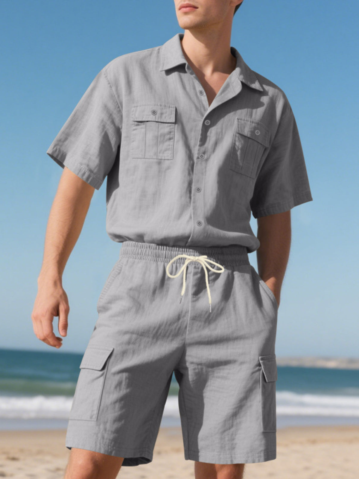 Men's full-size button-up shirt and shorts set by Trendsi in gray