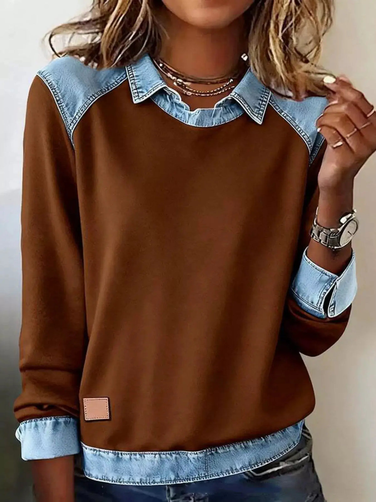 Classic Plus Size Long Sleeve Top with Contrast Denim Trim Overlay, brown body with light denim collar and shoulders.