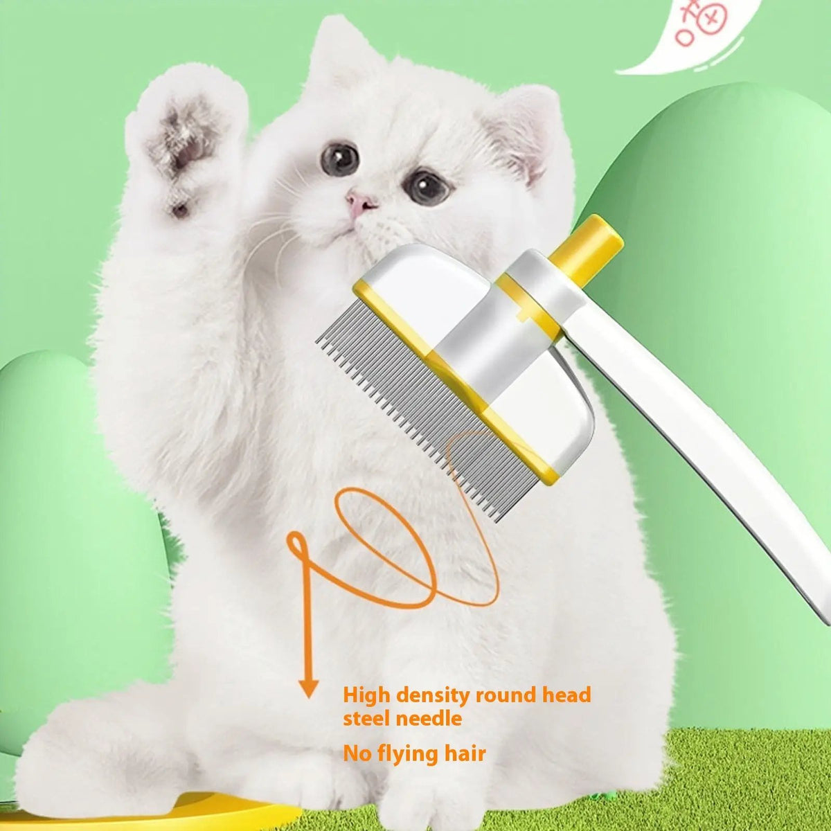 Cat grooming self-cleaning comb by AdTec with high-density steel needles; white and yellow.