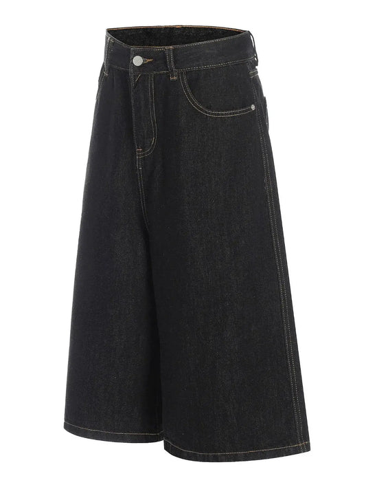 Trendsi oversized men's wide-leg denim shorts, 100% cotton, dark indigo with front pockets and contrast stitching