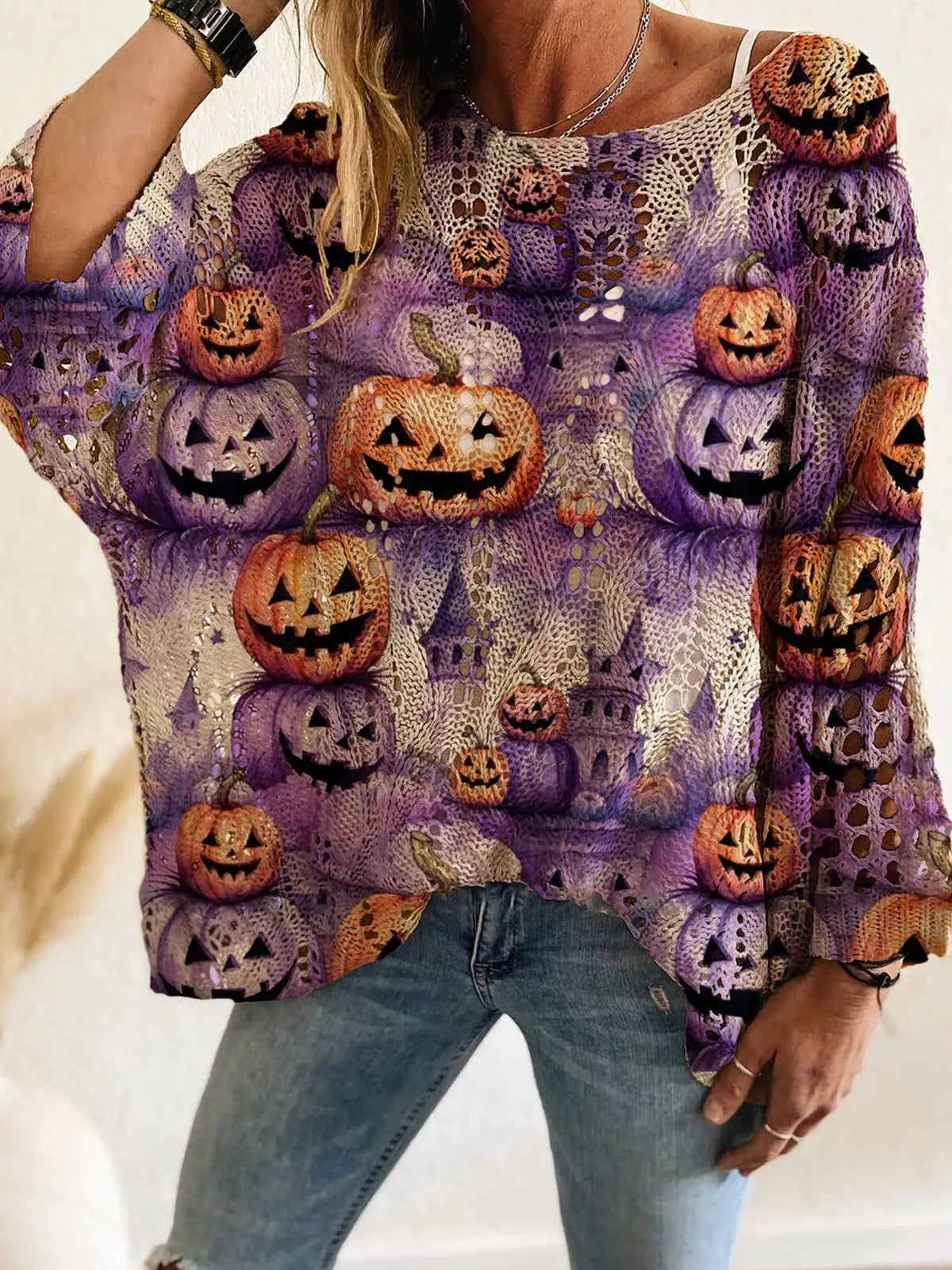 Trendsi full-size Halloween pumpkin loose-knit cover-up; purple with orange pumpkins, plus size.