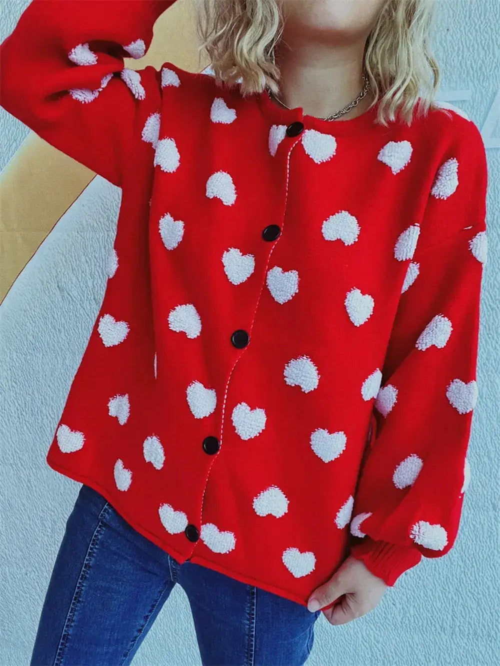 Cozy Heart Button Front Long Sleeve Stretch Knit Cardigan in red with white heart pattern
