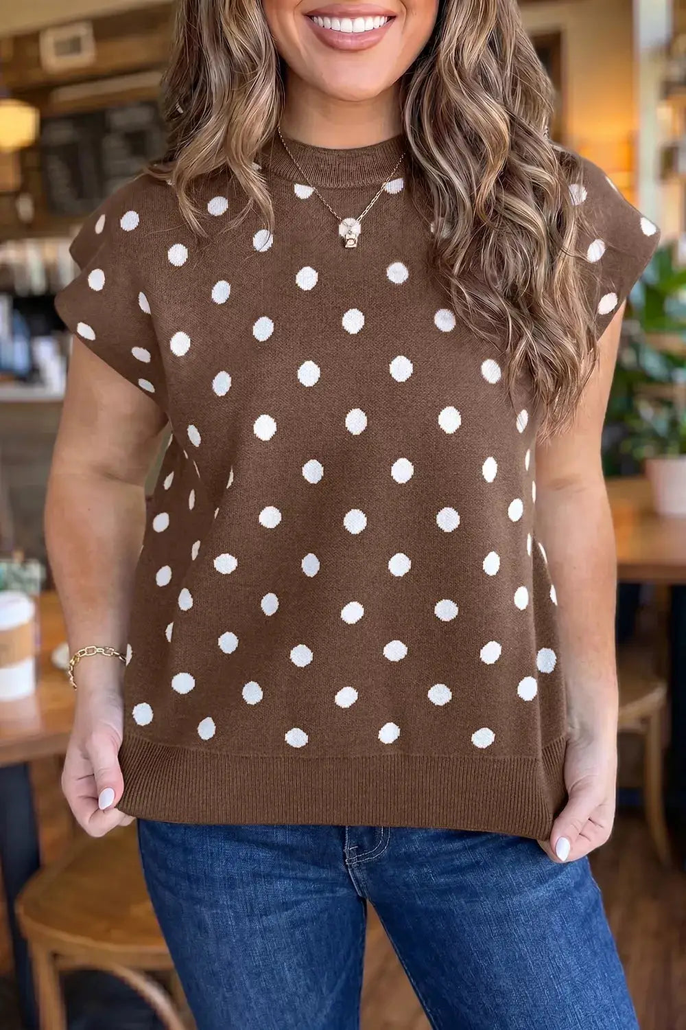 Dolman short-sleeve polka dot knit sweater in brown with white dots