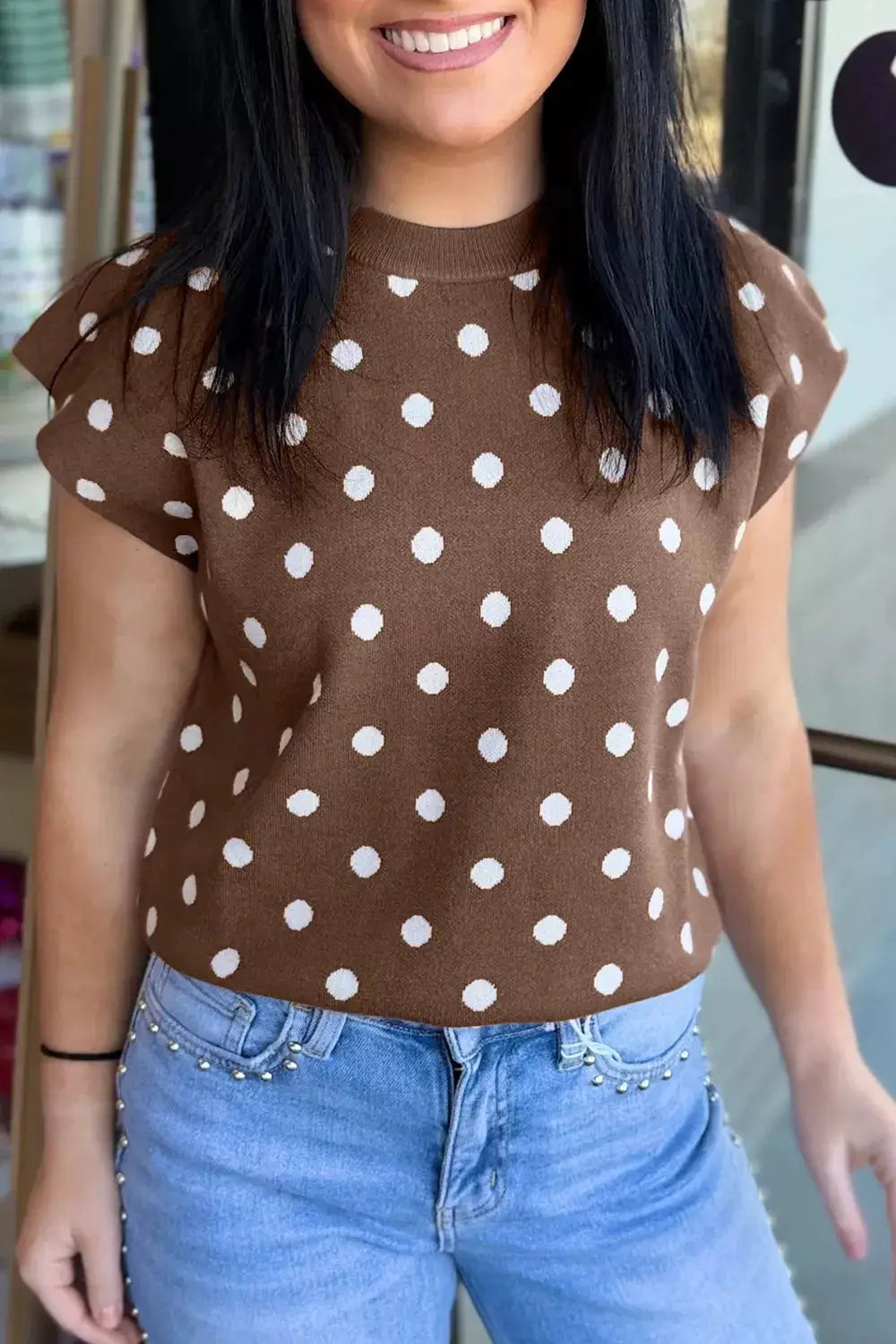 Dolman short-sleeve polka dot sweater in brown knit with white polka dots