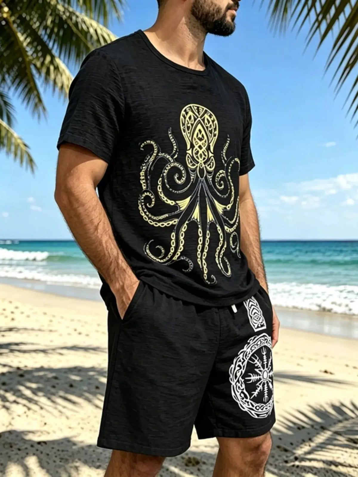 Mens two-piece loungewear set by Trendsi: black tee with gold octopus print and matching drawstring shorts