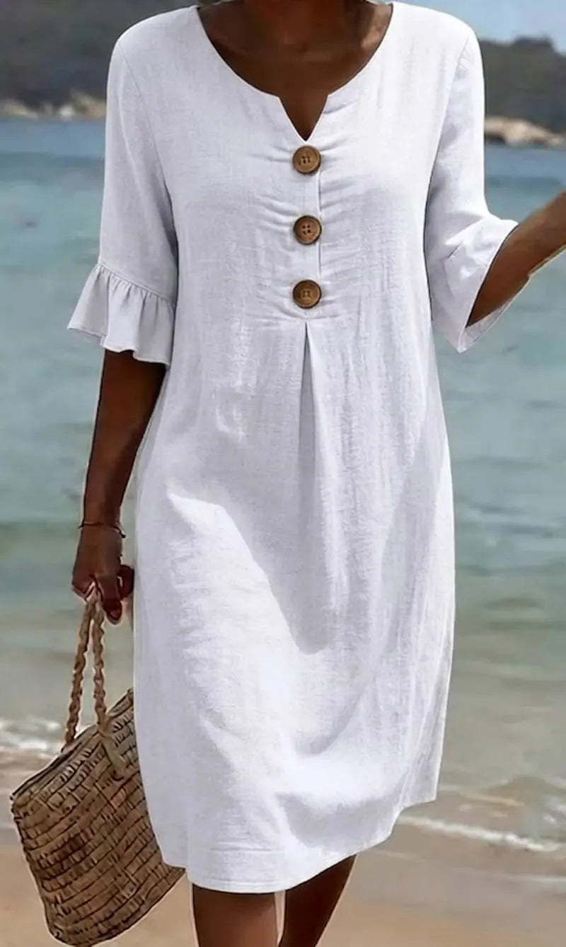 Summer Womens Solid Colored Cotton Dress, white, button-front with wooden buttons, 3/4 sleeves with ruffled cuffs