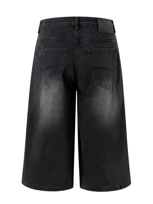 Men's Relaxed Fit Washed Denim Stretch Bermuda Shorts in black, back view with two pockets