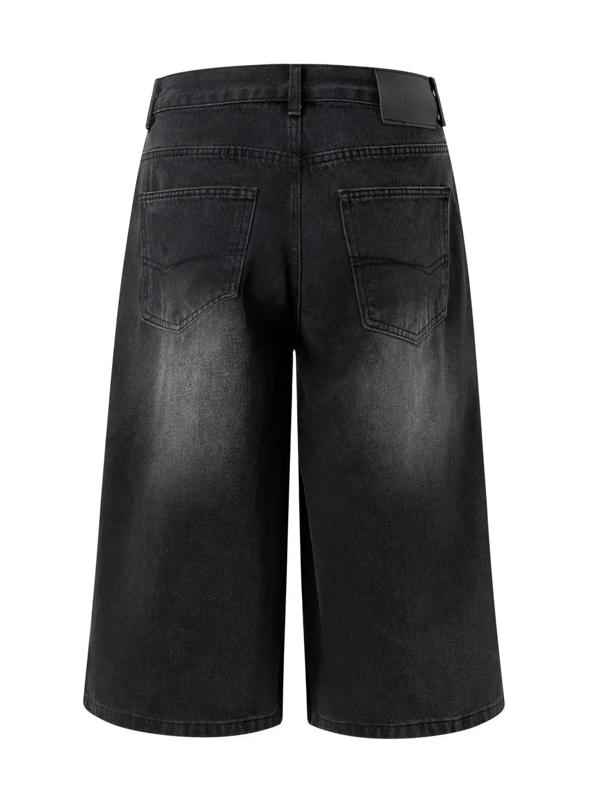 Men's Relaxed Fit Washed Denim Stretch Bermuda Shorts in black, back view with two pockets