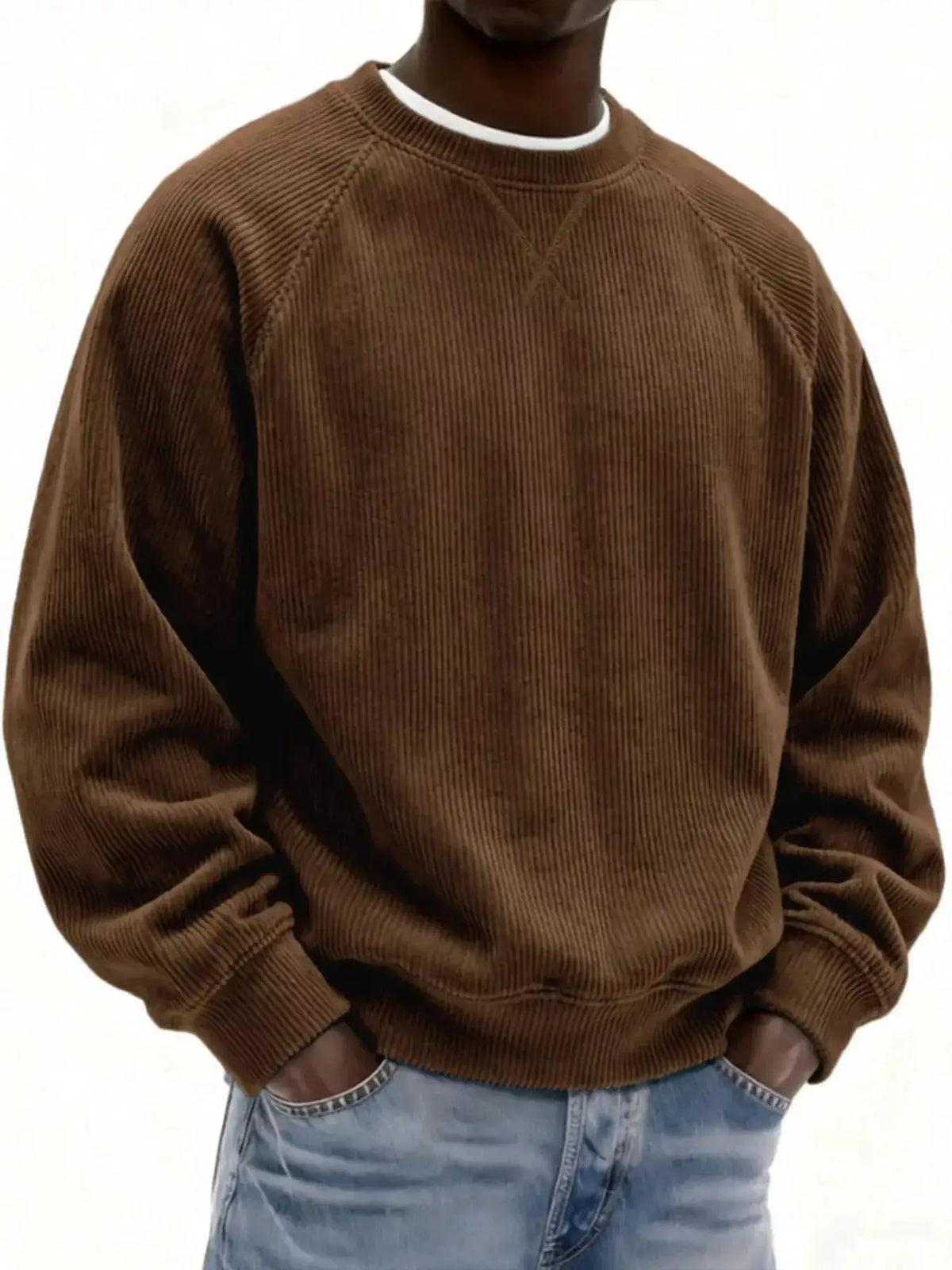 Mens plus size corduroy crew neck sweatshirt in brown stretch cotton