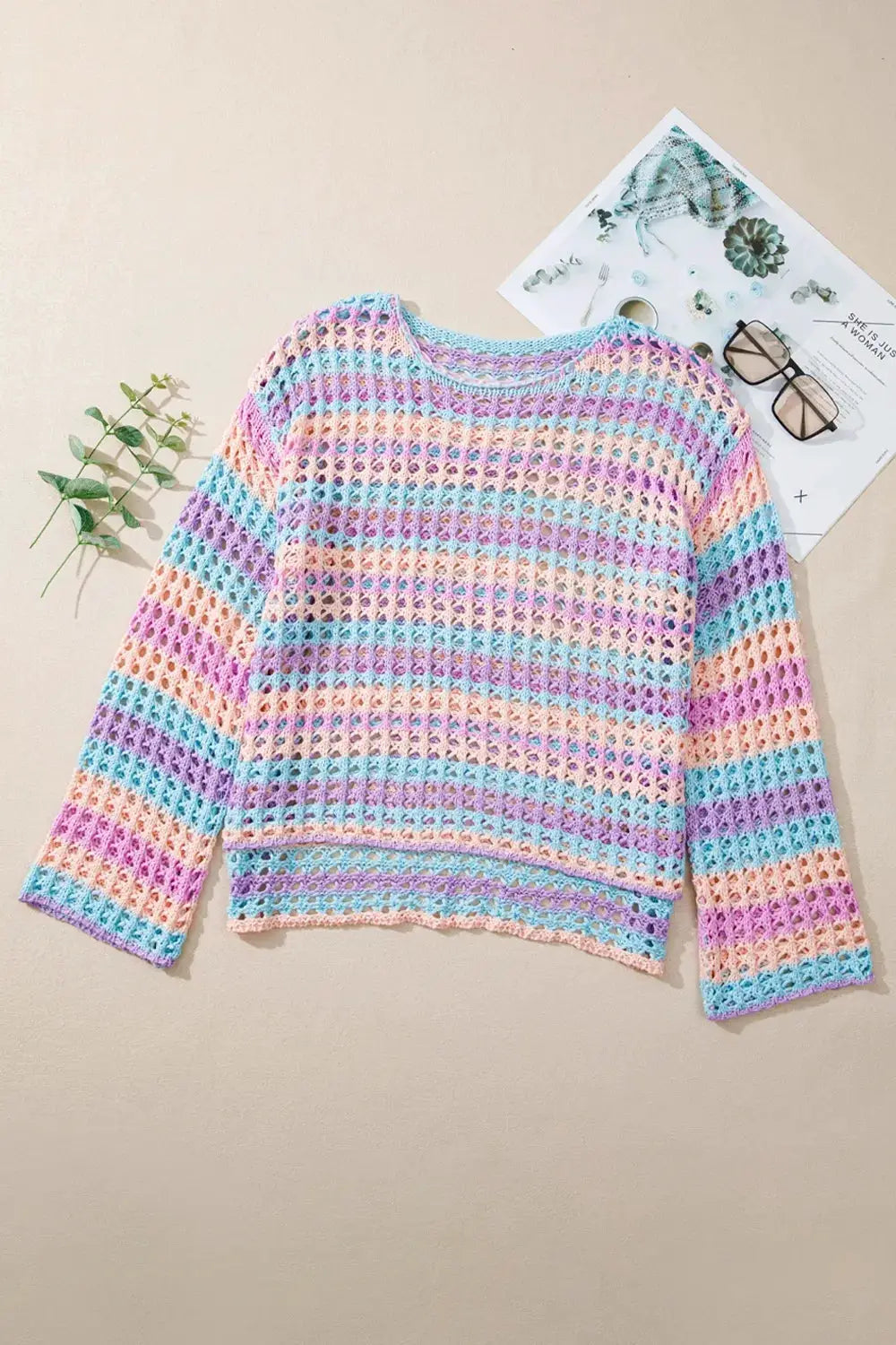 Striped openwork round-neck stretchy cover-up with side slits; pastel peach, pink, lavender and blue crochet knit