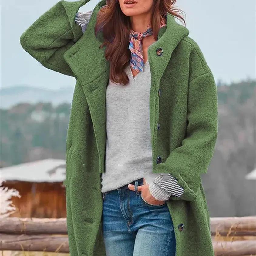 Womens heavy tweed winter coat in green, solid color AdTec pardessus.