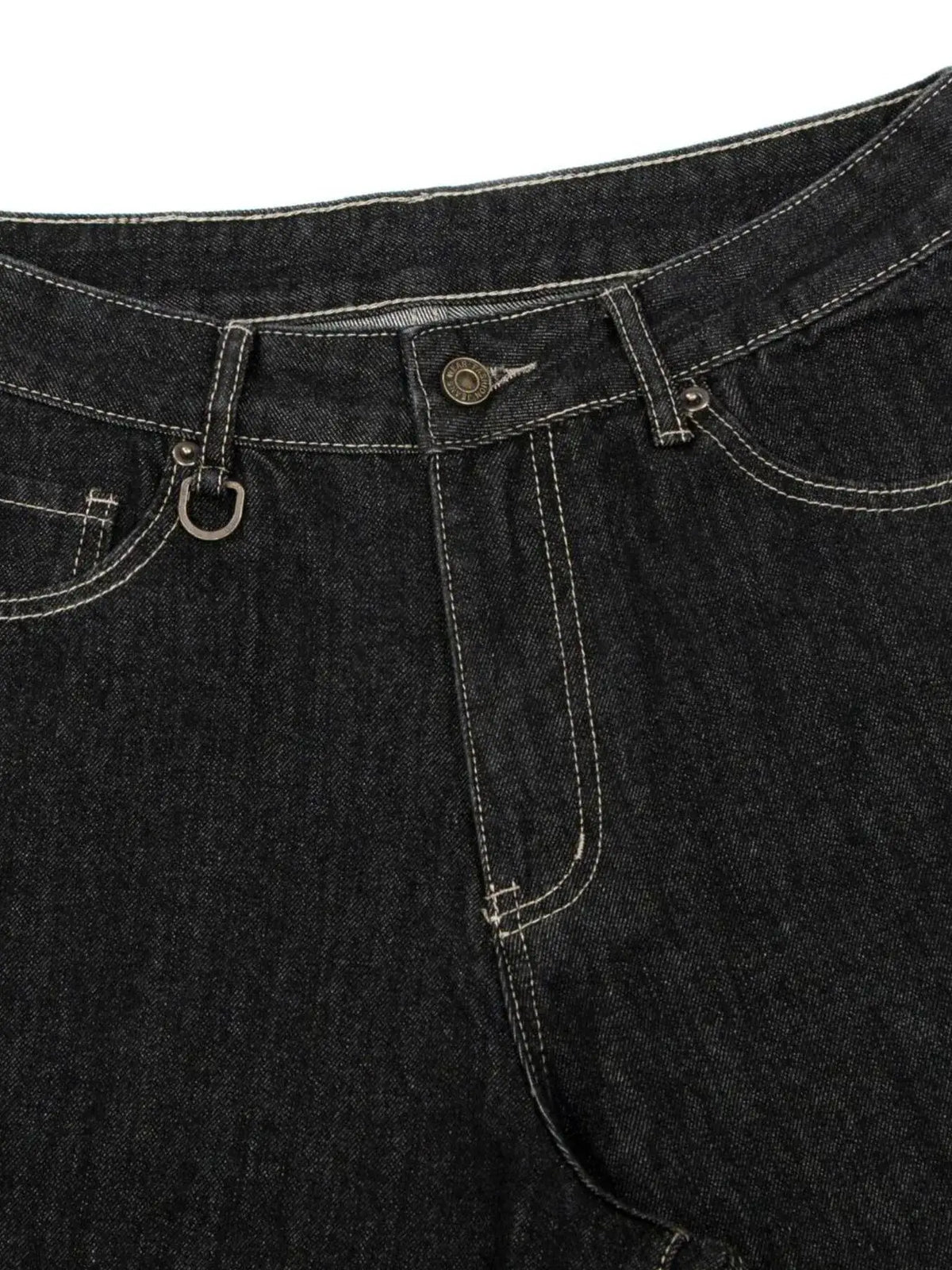 Men's wide-leg denim shorts, dark indigo cotton-stretch fabric with contrast stitching and pockets
