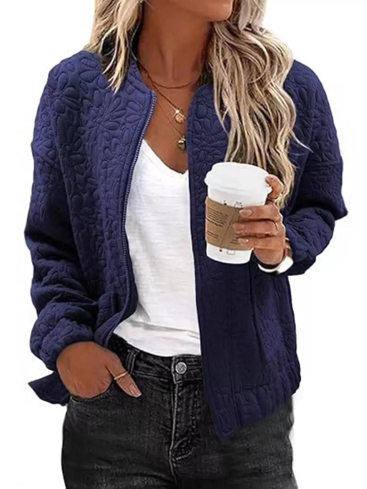 Premium floral quilted lightweight zip-up jacket in navy, worn with a white tee for daily wear