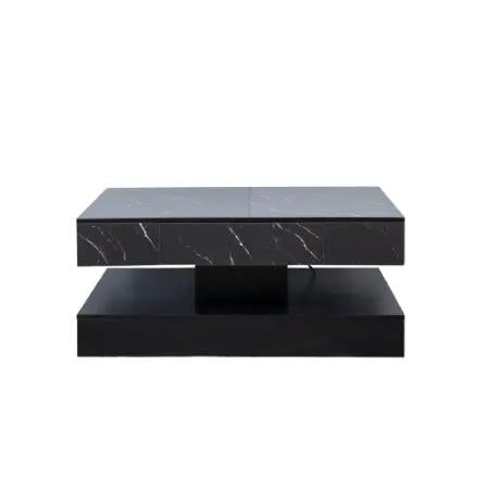 6.93in high LED coffee table, black two-tier design with marble-pattern top