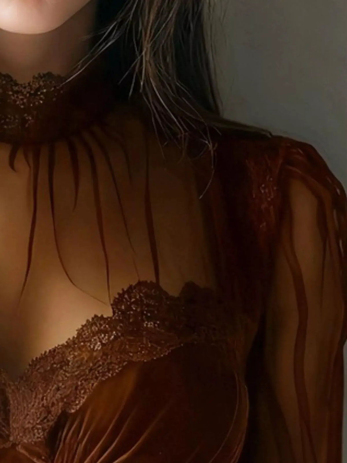 Lace Trim Velvet Sheer Sleeve Blouse in burgundy by Trendsi with delicate lace trim.