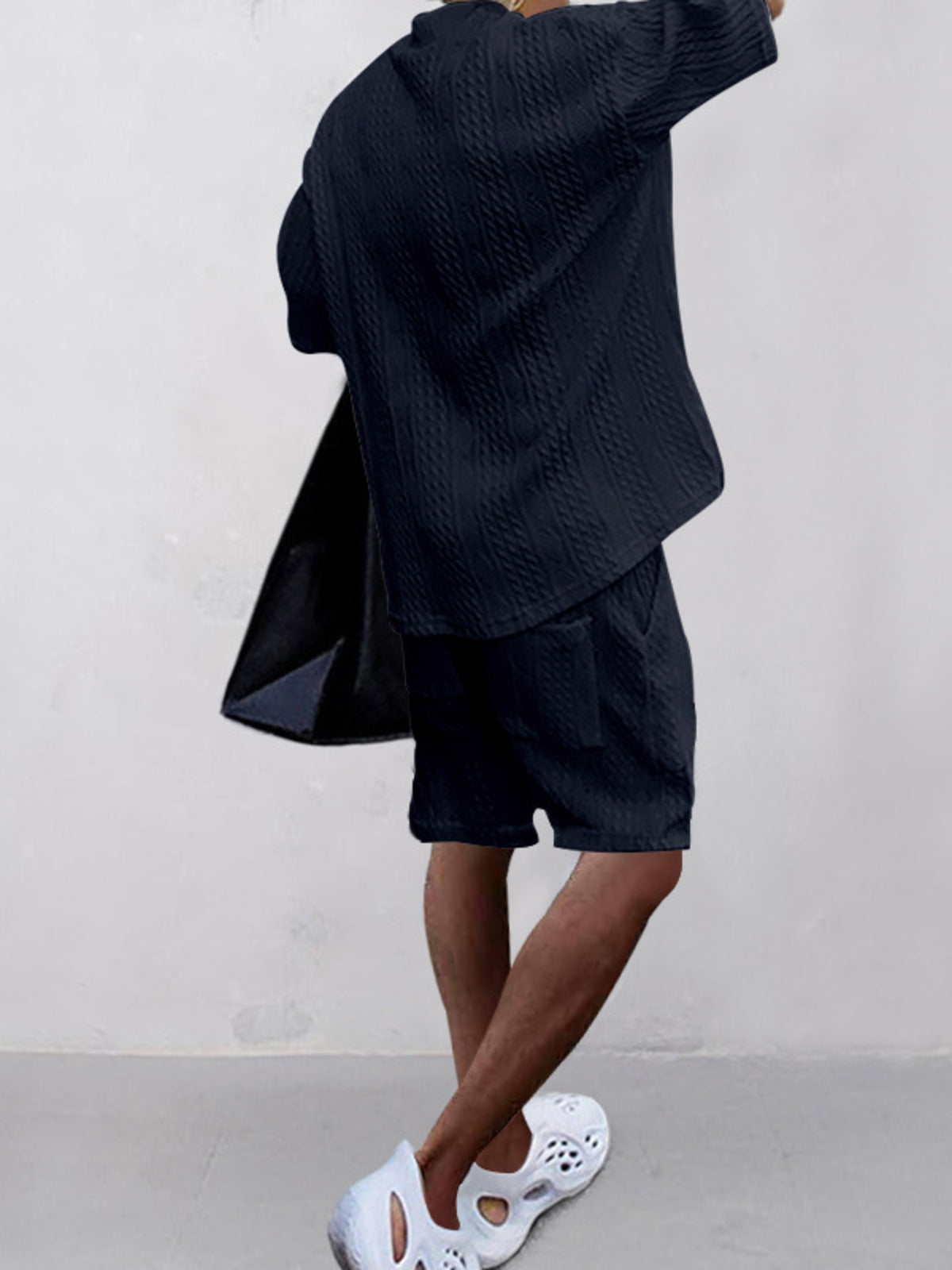 Men's navy knit v-neck short-sleeve top and matching shorts set, plus size