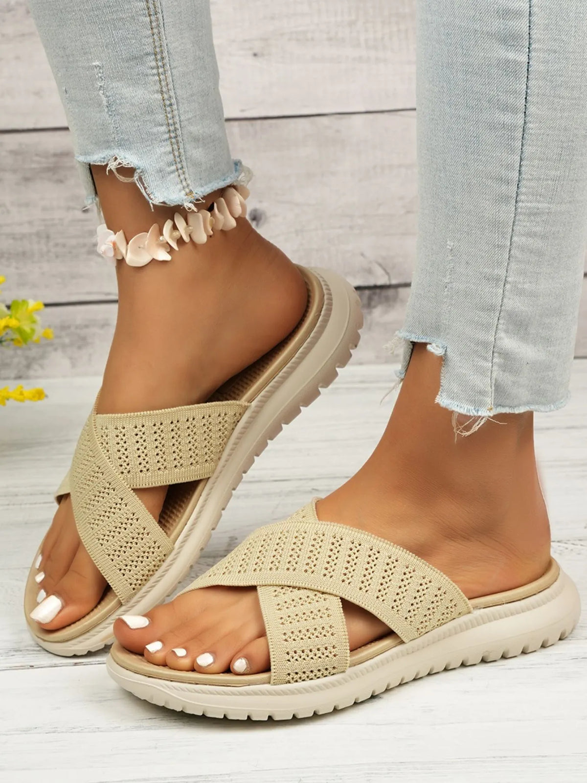 Cross-Strap Platform Sandals by Trendsi; beige woven straps and a thick platform sole.