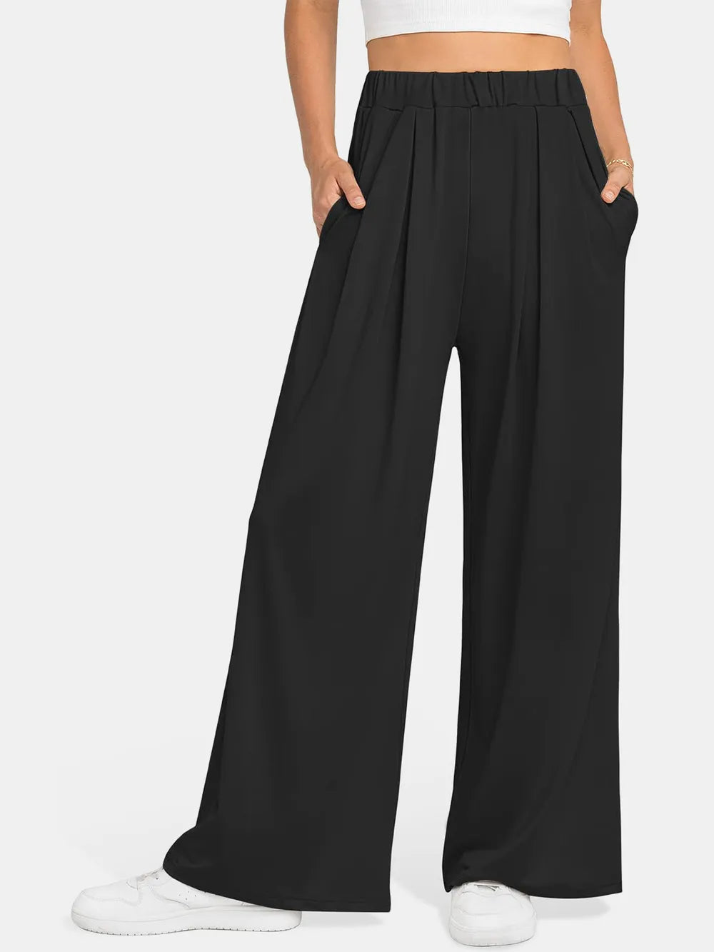 Elastic Waist Wide Leg Pants black palazzo style with pockets
