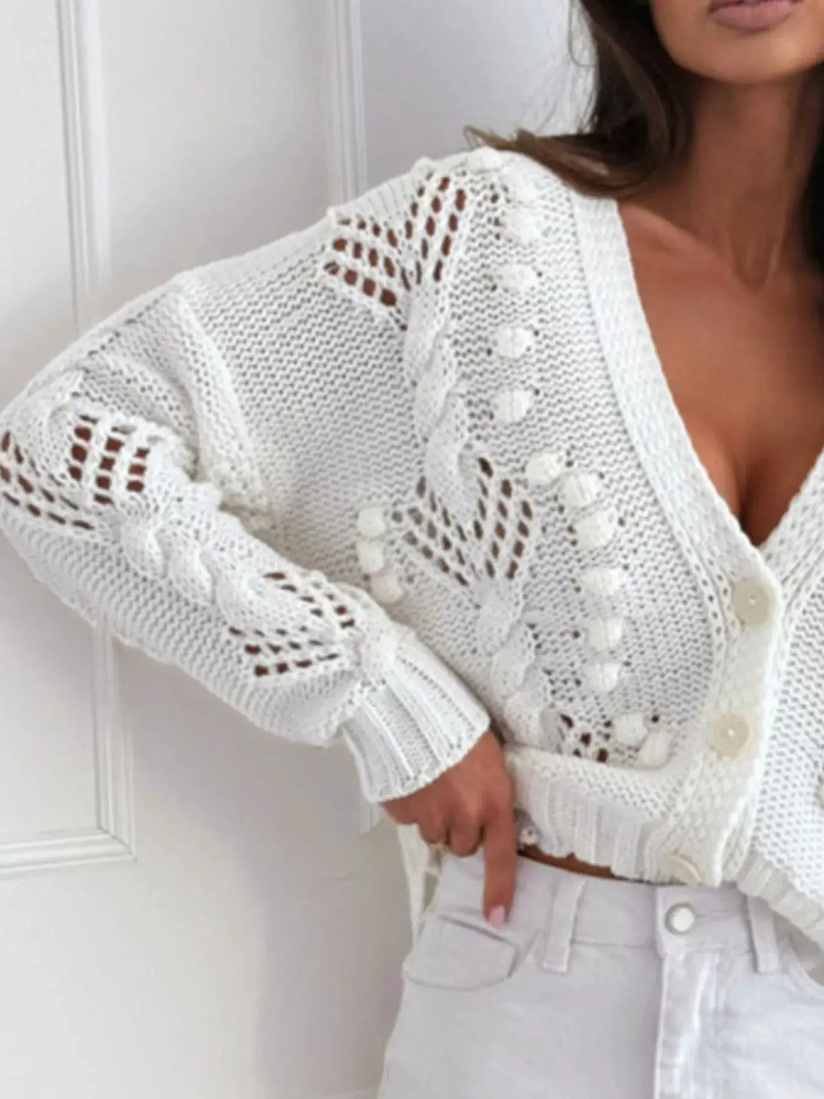 Trendsi Button Up V-Neck Openwork Knit Cardigan in white; 100% polyester, front button closure