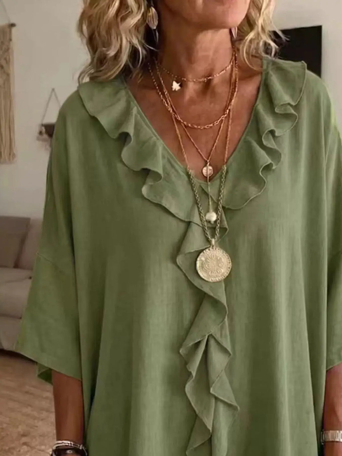 Full Size Ruffle V-Neck 3/4 Sleeve Blouse Plus Size in green by Trendsi