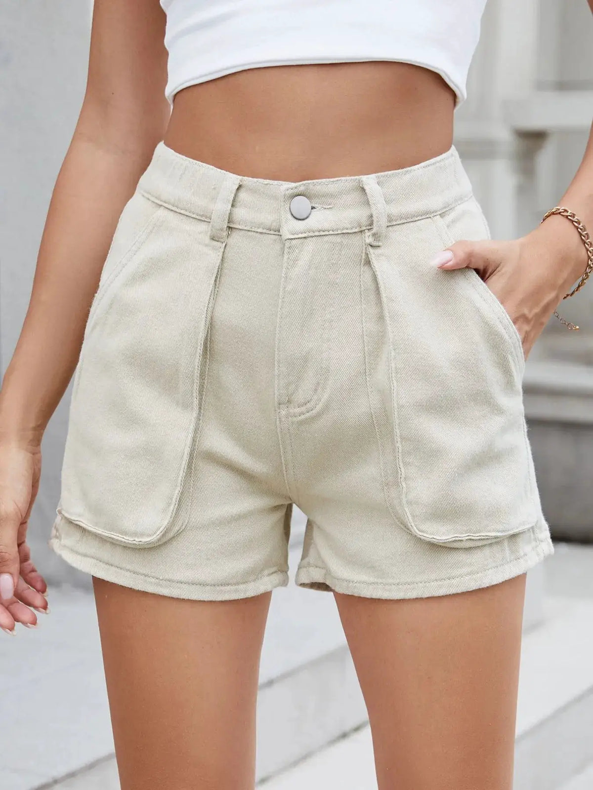 High waist stretch denim shorts with utility cargo pockets in beige by Trendsi.