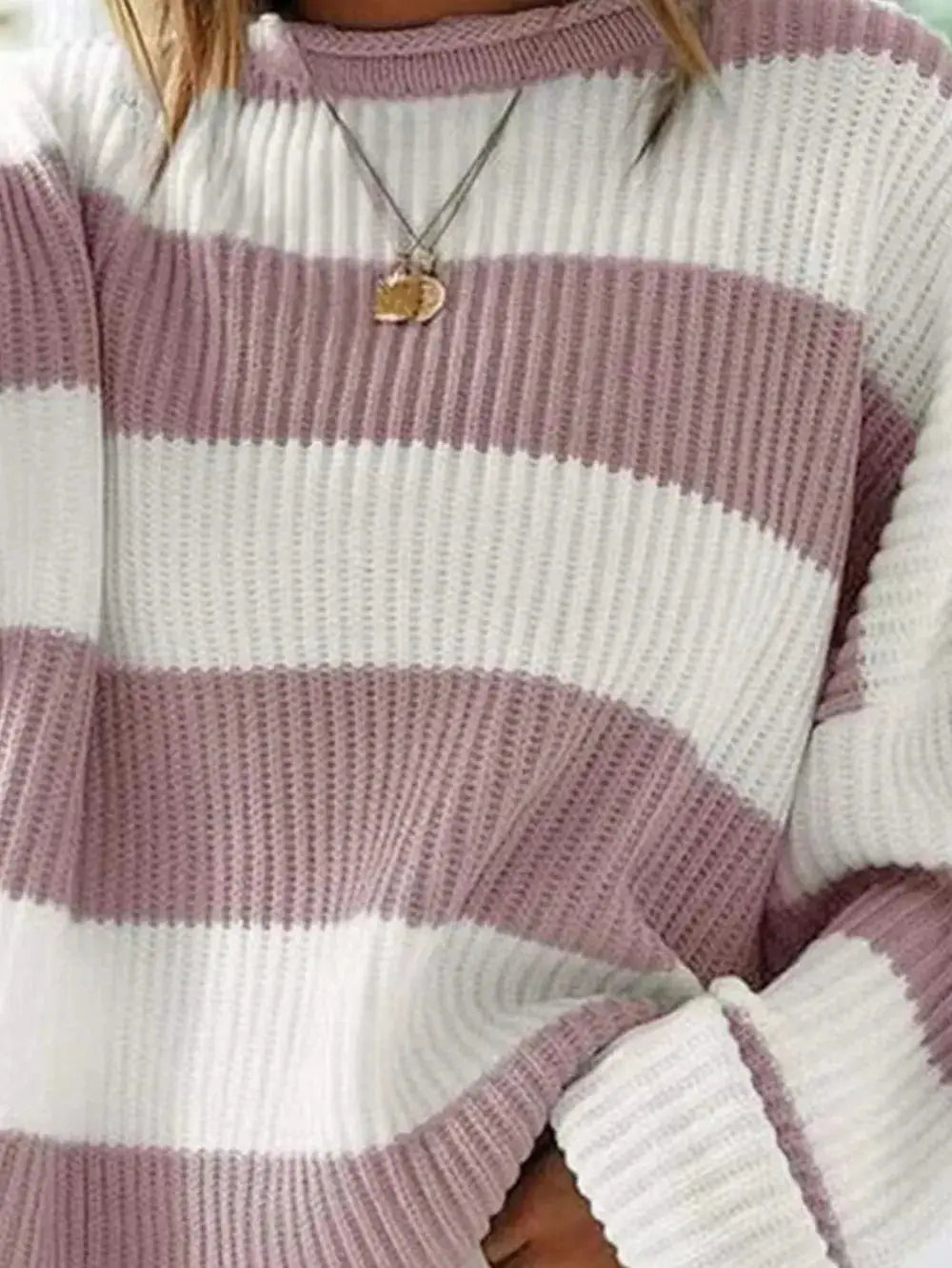Trendsi essential round-neck striped knit sweater, long sleeves, pink and white, soft stretch fabric.