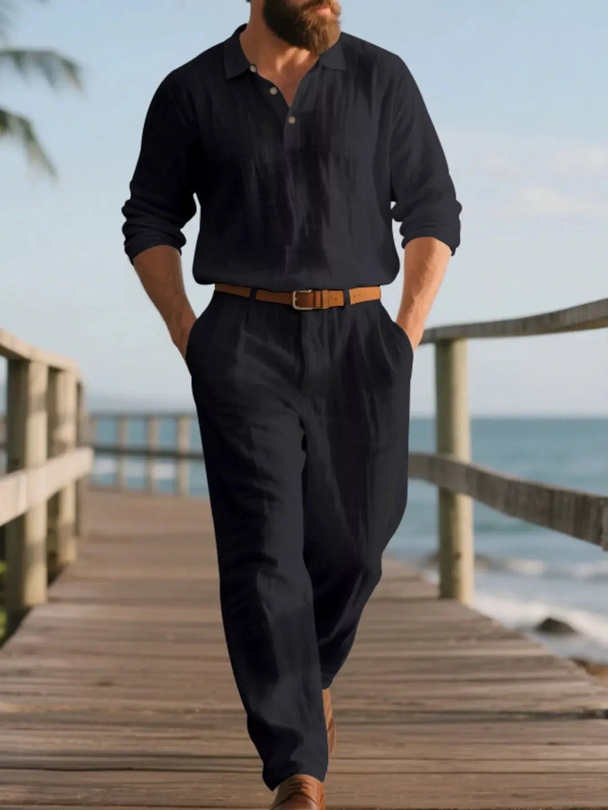 Men's black linen matching top and pants set by Trendsi, long-sleeve ensemble