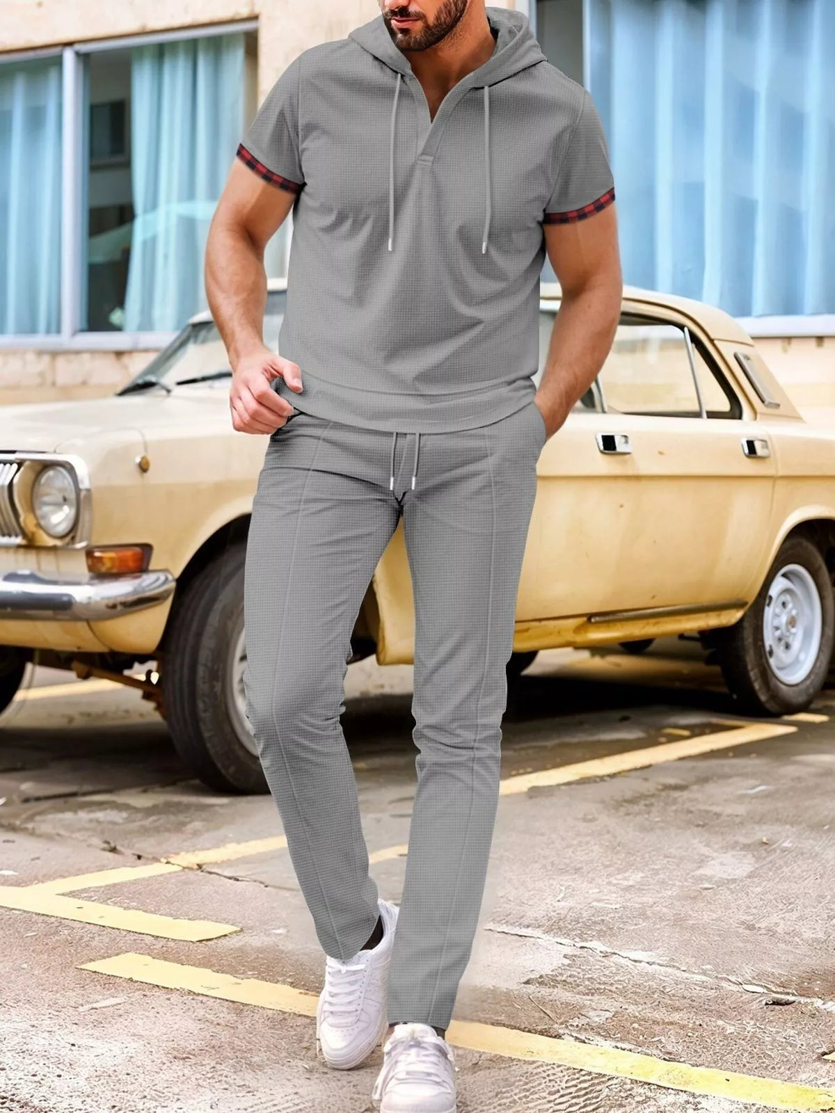 Men's lightweight short-sleeve hoodie and pants lounge set in gray grid pattern, plus size