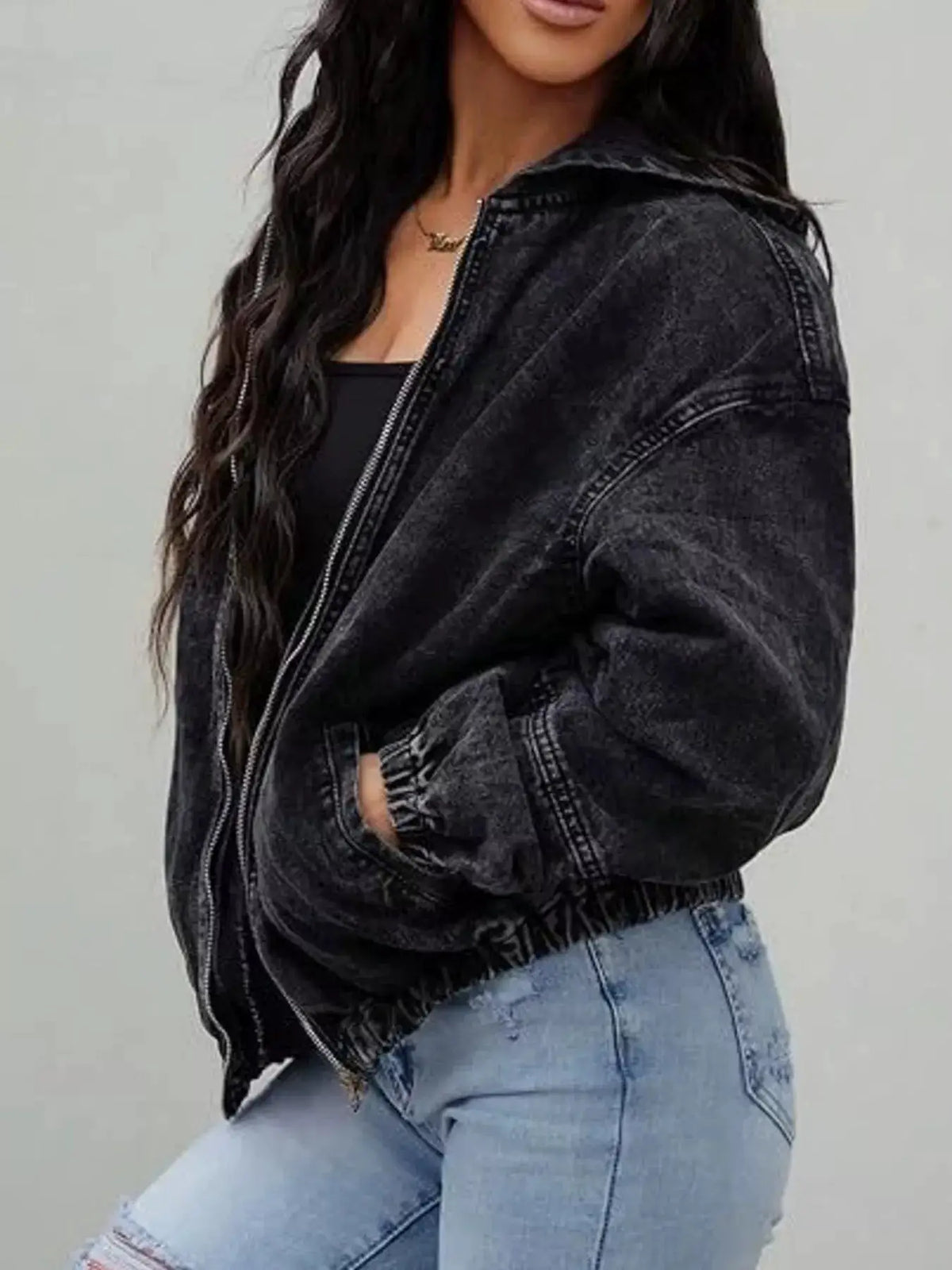 Premium Vintage Washed Zip-Up Oversized Denim Jacket by Trendsi, black wash