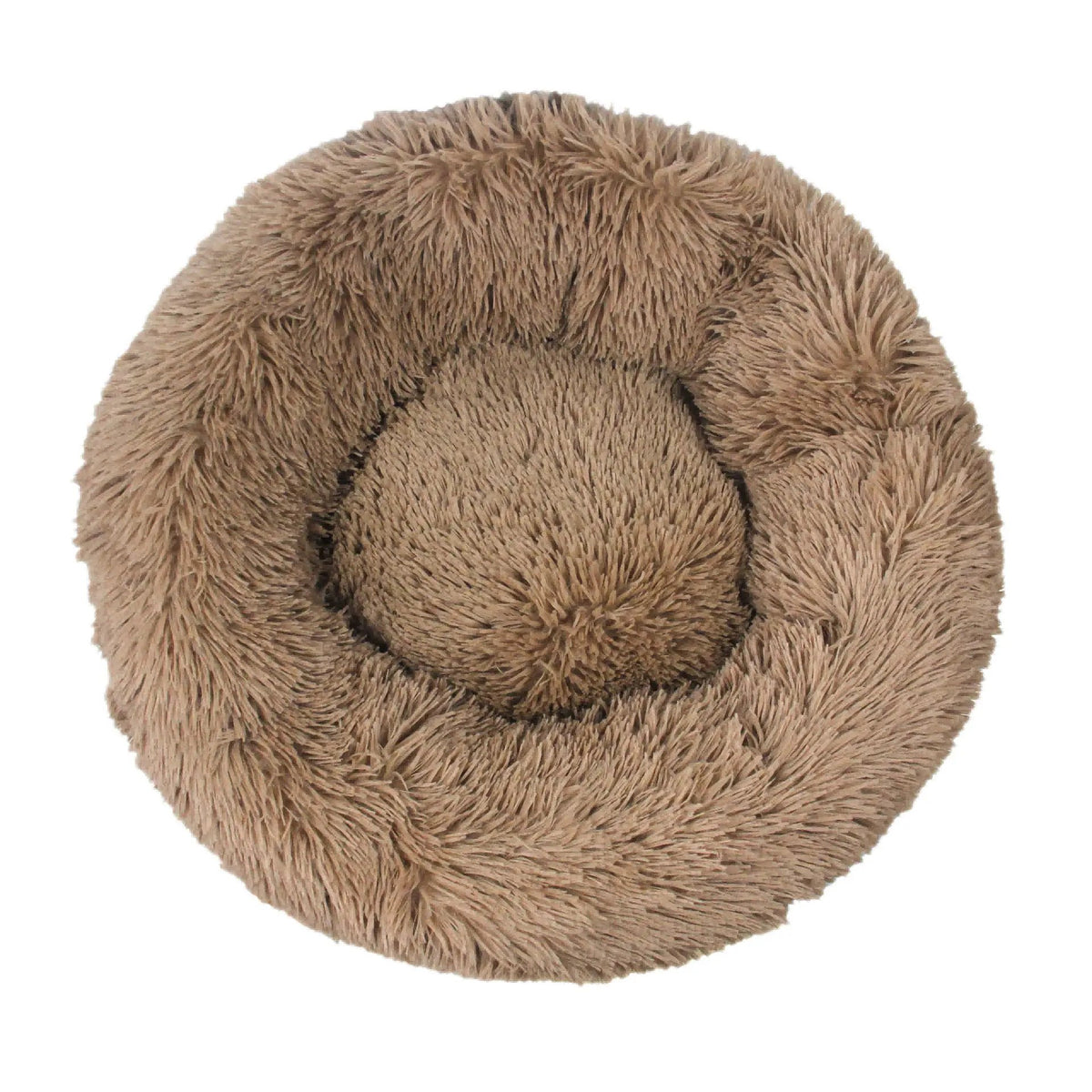 Fluffy Donut Dog Bed by AdTec; round brown long-plush pet cushion for dogs and cats, washable.