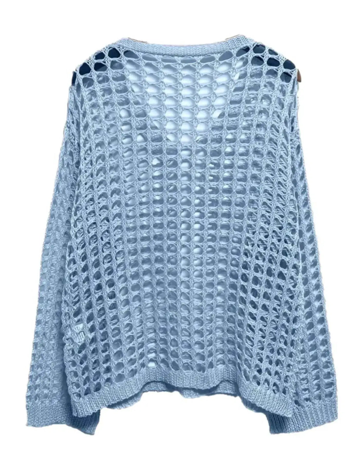Light blue oversized open-knit crochet cover-up cardigan with long sleeves and ribbed hem