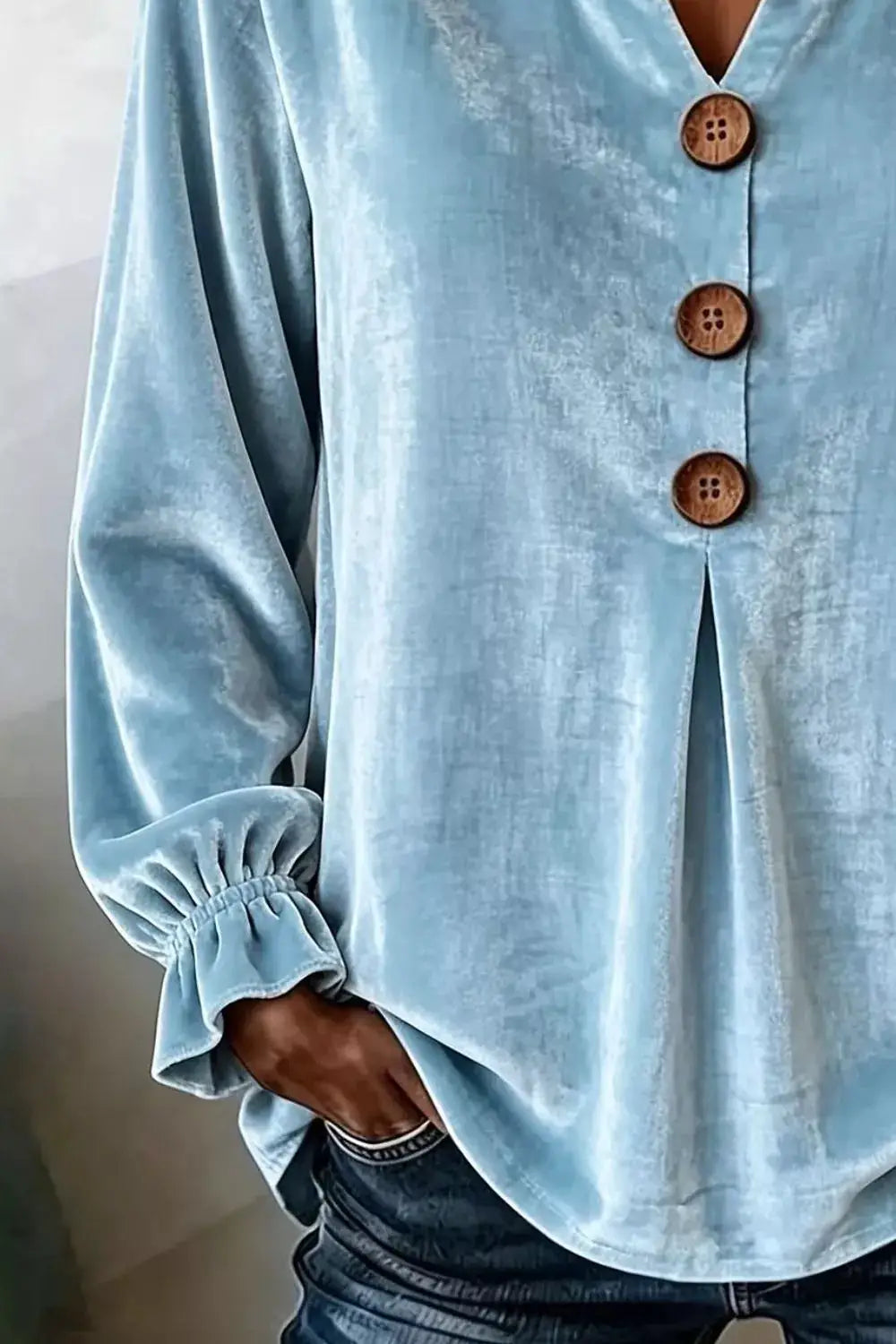 Velvet button-front blouse in blue with ruffled cuffs; plus-size