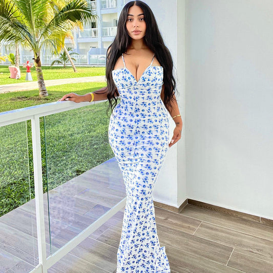 Vestido Largo de Verano con Tirantes Estampado Floral y Cordones Delgado sin Espalda para Mujer