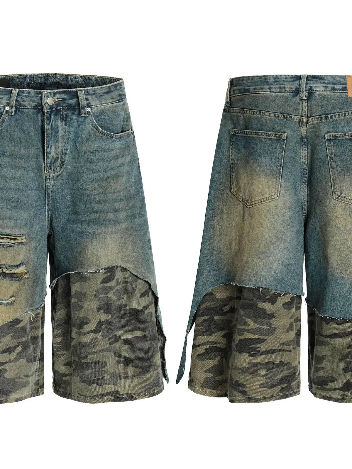 Men's denim shorts with distressed camo patchwork and ripped knees, relaxed fit; front and back views.