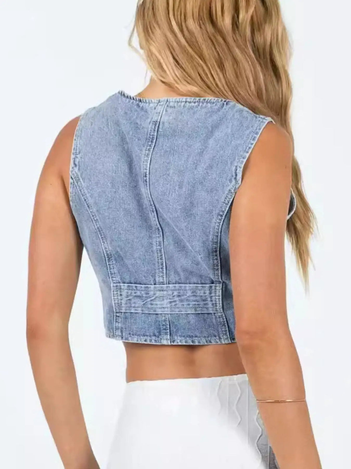 V-neck denim vest by Trendsi; back view, light-wash sleeveless cropped cotton-blend for layering