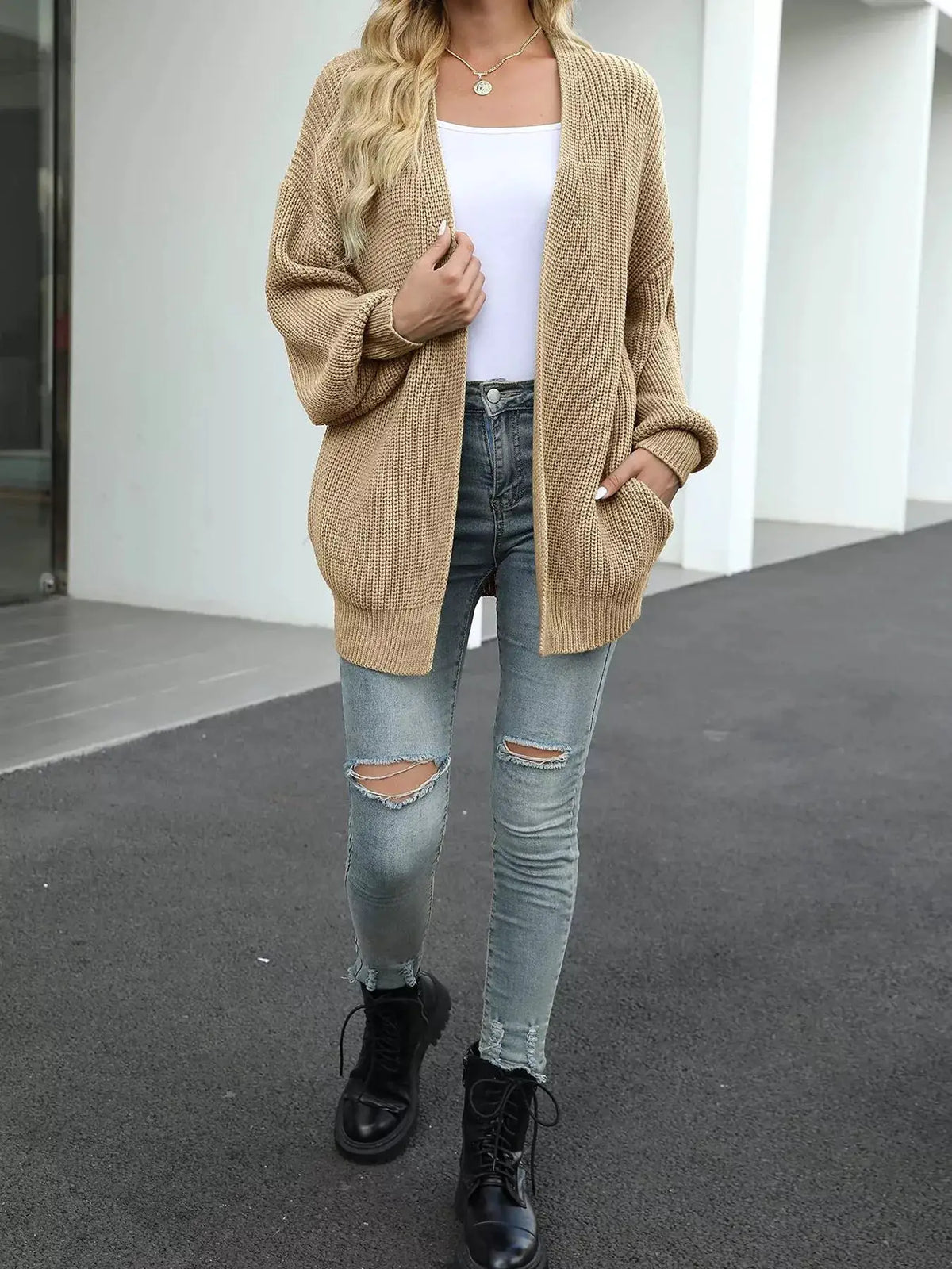 Cozy oversized chunky knit open-front cardigan with lantern sleeves in beige by Trendsi