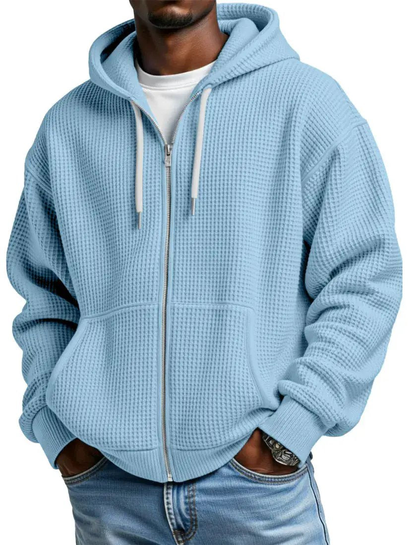 Men's light blue waffle-knit zip-up hoodie with kangaroo pockets and ribbed cuffs