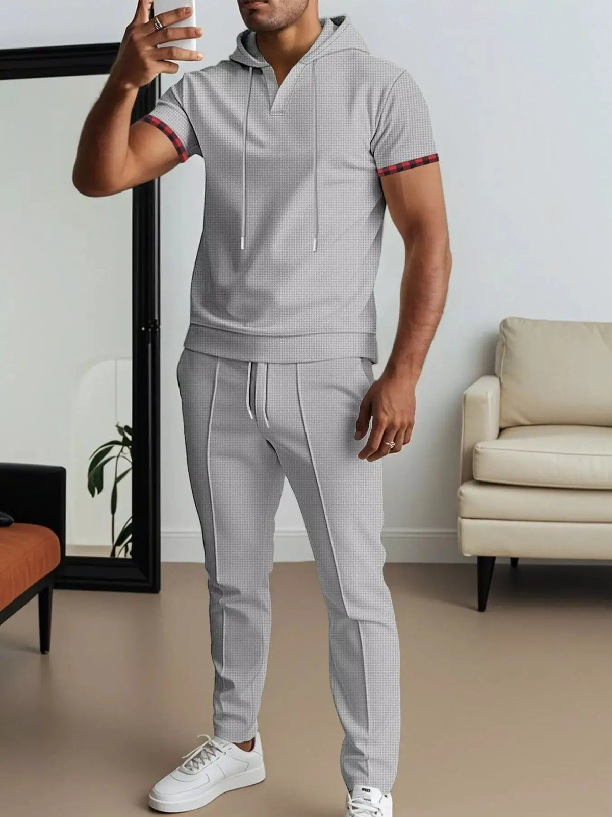 Mens lightweight short-sleeve hoodie and pants lounge set in light grey with red plaid cuffs, plus size, Trendsi