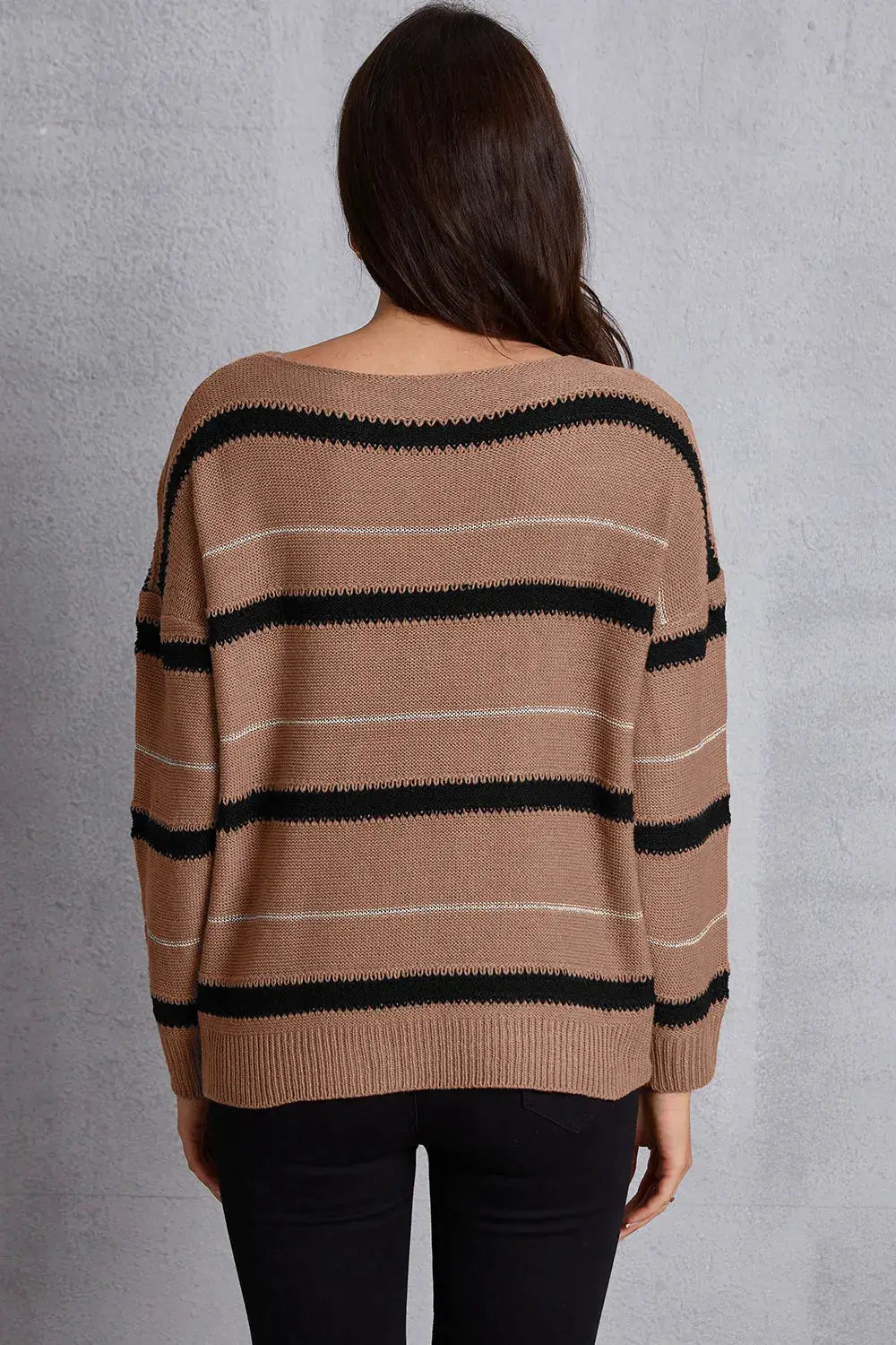 Relaxed round-neck dropped-shoulder striped knit sweater in tan with black and cream stripes