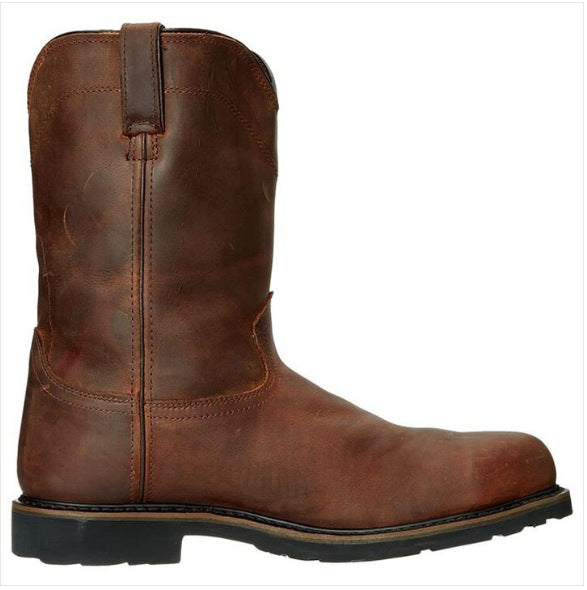 Boots: brown leather men's casual boot with low heel, pull tab, and rugged sole.
