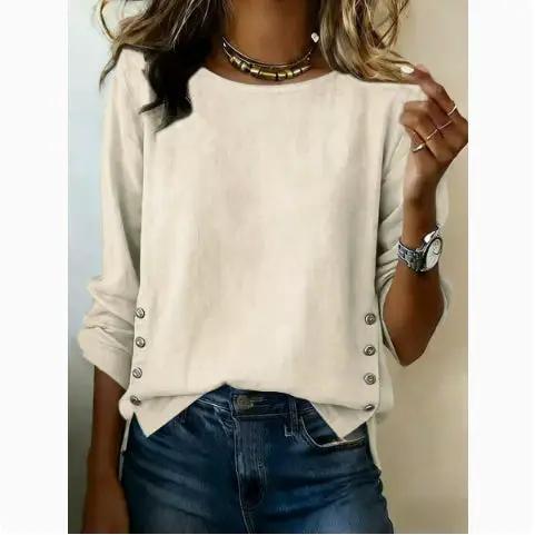 Breathable linen short-sleeve crew-neck T-shirt in cream with side-button accents.