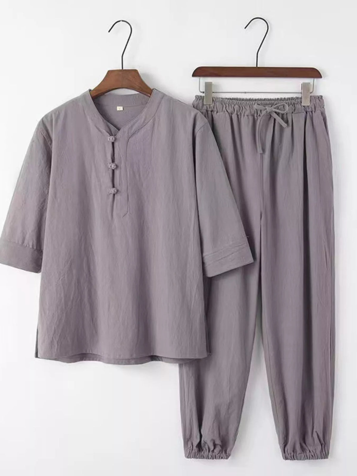 Men's plus-size 3/4 sleeve top and pants set in lightweight gray-lavender fabric