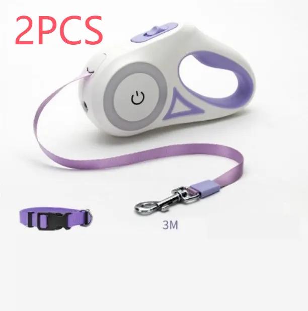 Dog retractable leash and collar set, purple, for small to medium dogs, 2-piece