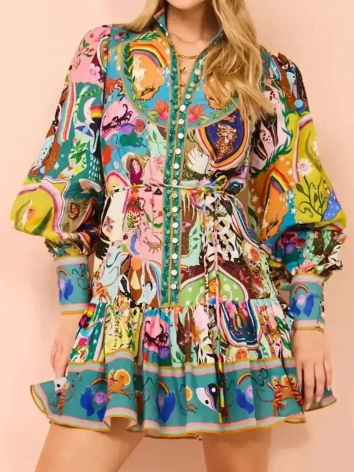 Trendsi printed long-sleeve mini dress with belt in a vivid multicolor boho pattern.