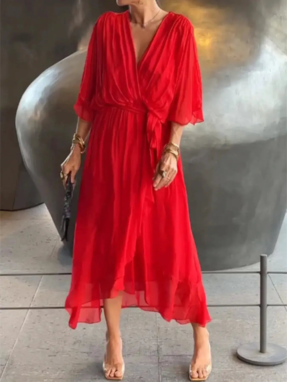 Full Size Flowy Tie Front Midi Dress with Flutter Sleeves Plus Size in red
