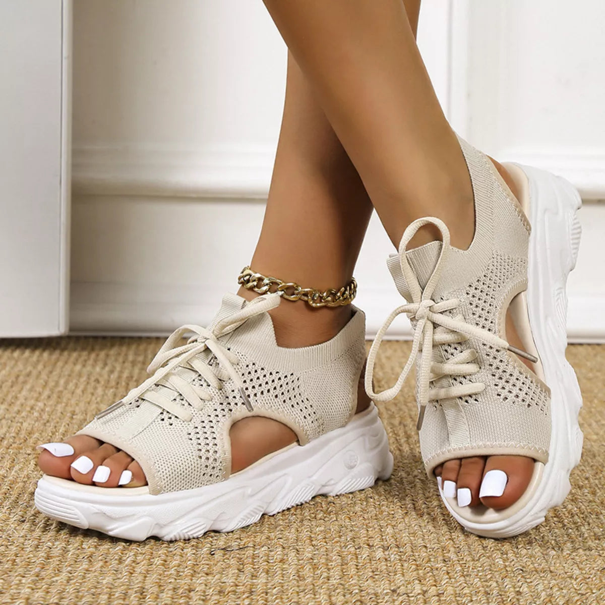 Breathable mesh lace-up platform sandals by Trendsi; beige knit upper, open-toe, chunky white sole